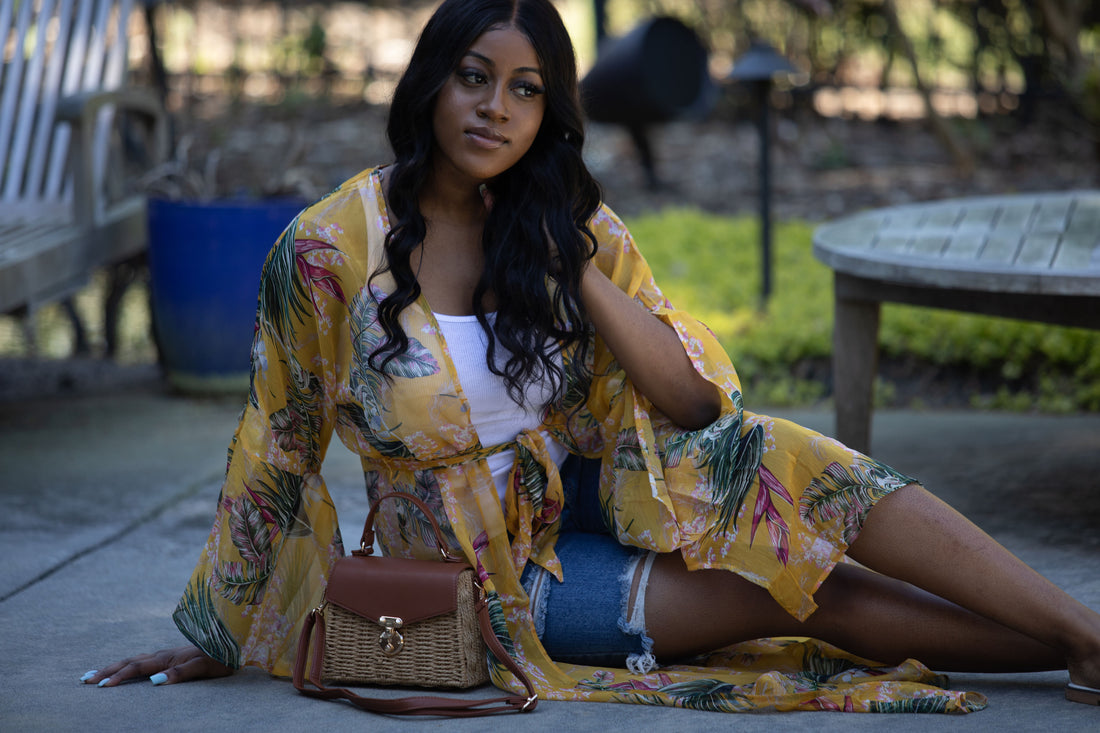 “The Tropics” Floral Kimono in Mustard - Modestly Allure